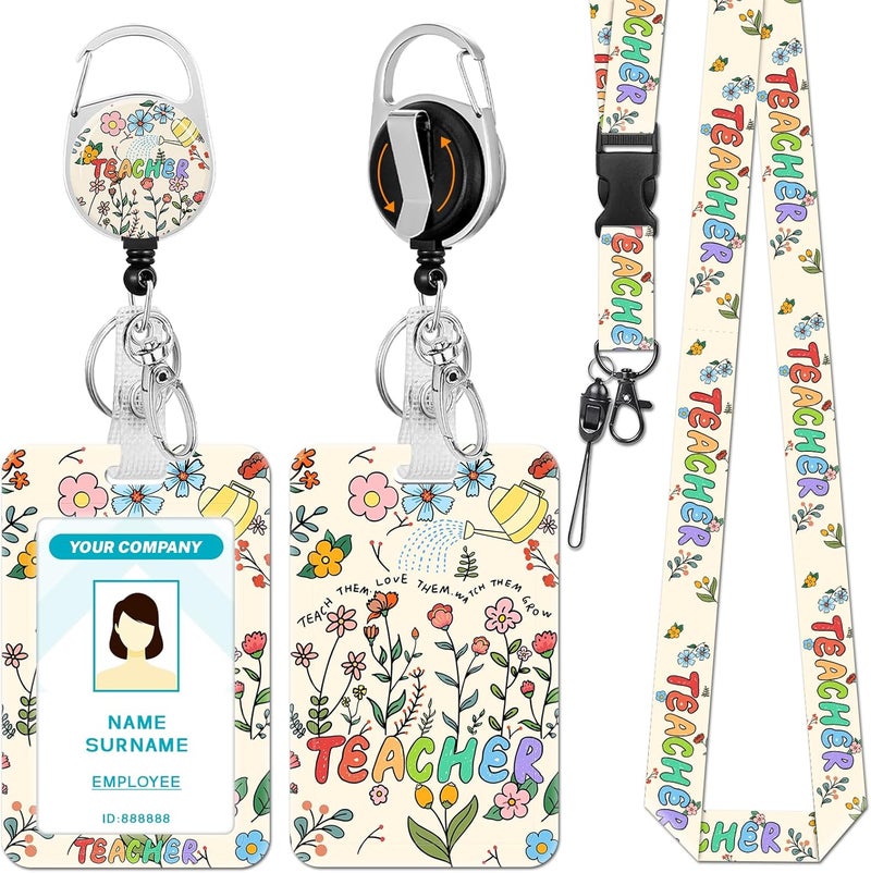 Hancynir Teacher Lanyards for Id Badges, Cute Flower Floral Badge Holder with Retractable Reel Clip, Adjustable Work Name Tags Keychain Lanyard ID Card Protector Cover Case for Women Nurse Office - Image 1